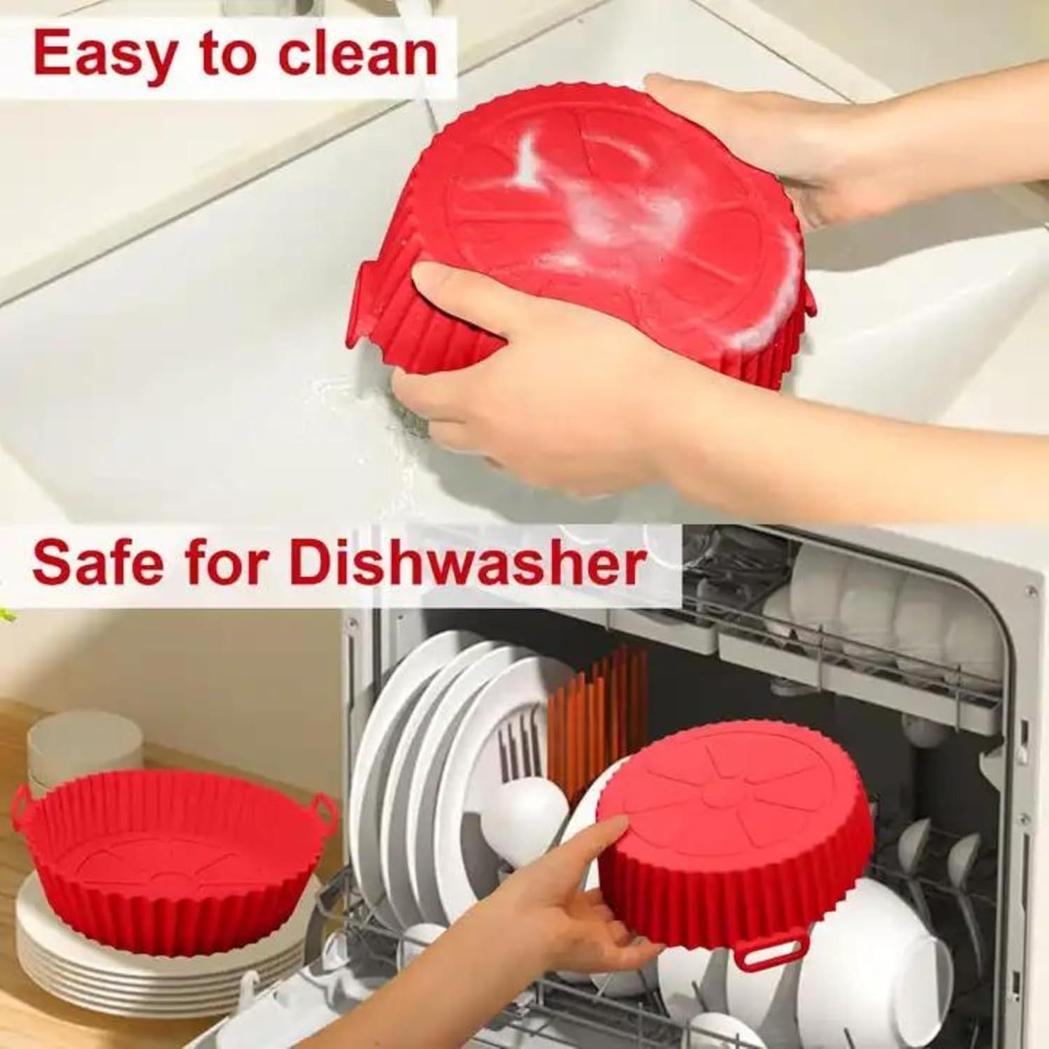 Pack de 2 Forros Rojos para Freidora de Aire - Papel de Horno Reutilizable, Resistente al Calor hasta 446°F, Antiadherentes con Asas para Fácil Limpieza, Libre de BPA, Compatible con Freidoras de 3-5QT, Piezas de Repuesto para Cocina, Asas Easyinsert