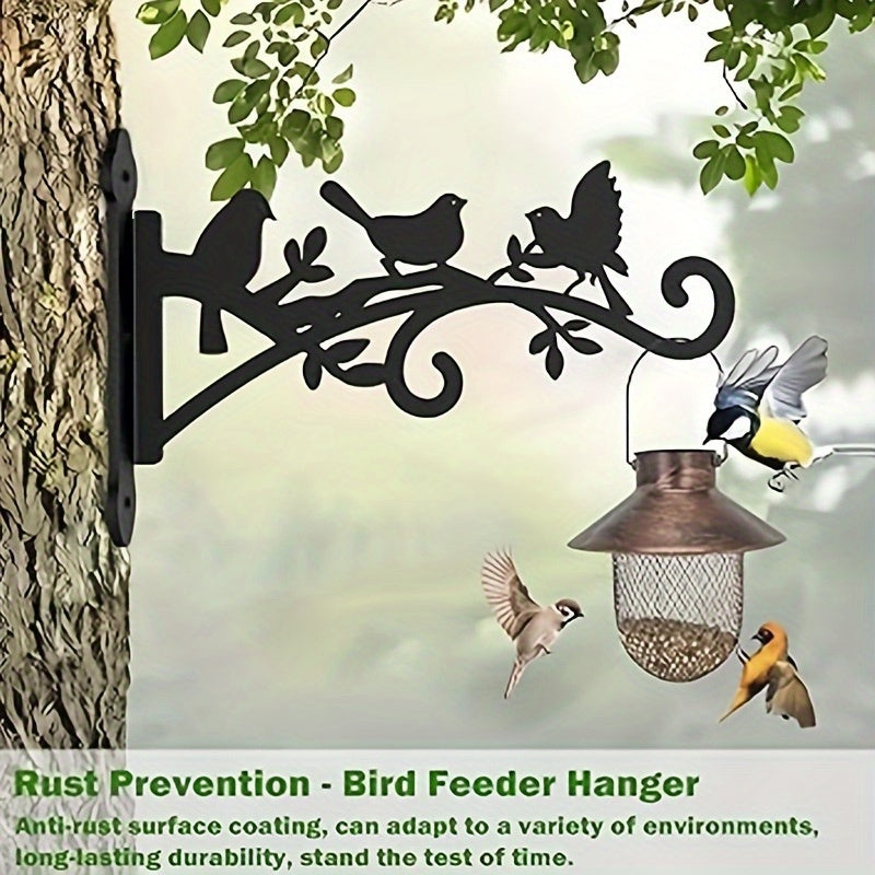 2 piezas de colgadores de plantas de metal negro con diseño de 3 pájaros y hojas - Ganchos de montaje en pared de alta resistencia para canastas de flores al aire libre, luces solares, comederos de pájaros - Instalación fácil, no se necesita batería, col