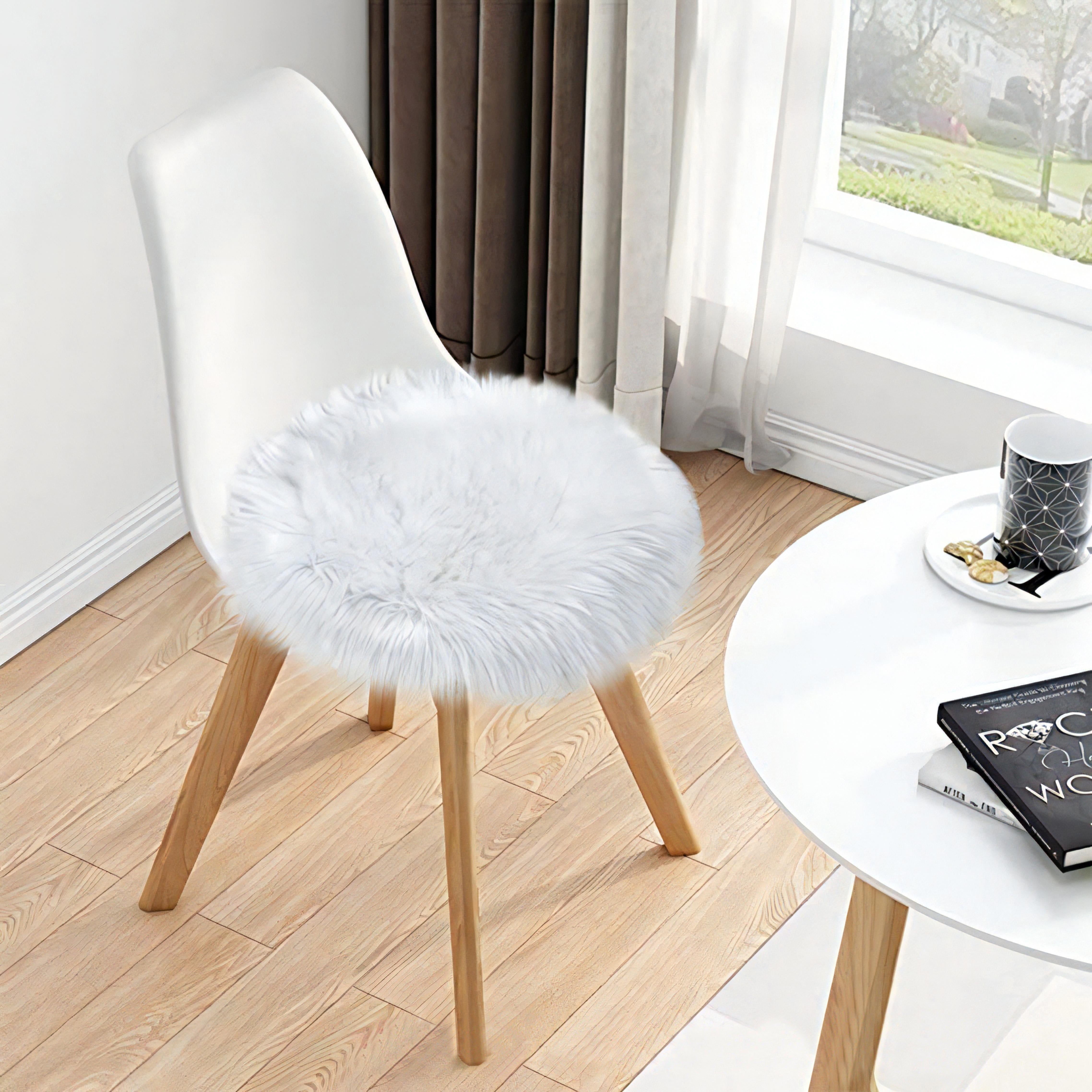 1 pieza de funda de asiento de piel sintética redonda, alfombra de piel peluda para sillas, adorno de silla suave y cómodo, decoración del hogar para sala de estar y dormitorio