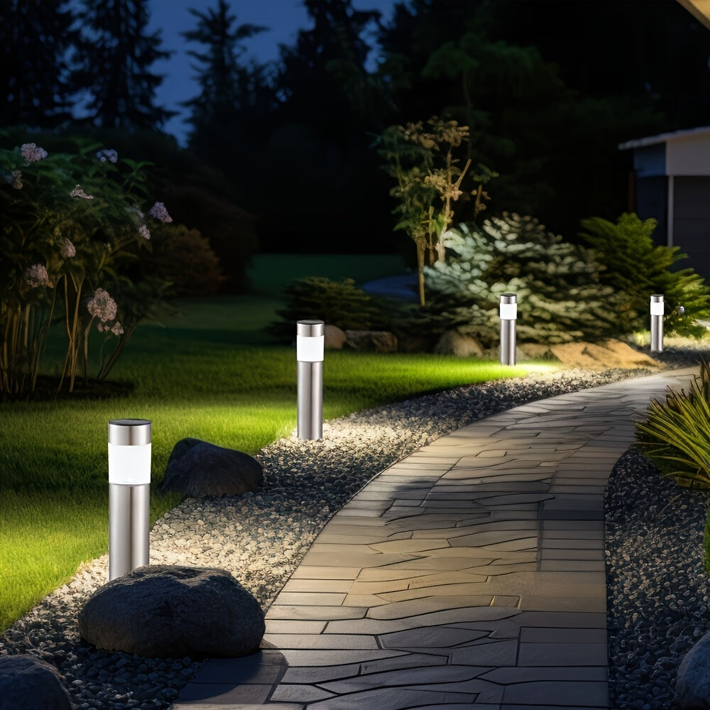 Luces solares LED para césped, luces decorativas de paisaje cilíndricas de acero inoxidable, ideales para patios, jardines, caminos, aceras y espacios exteriores con ambiente festivo