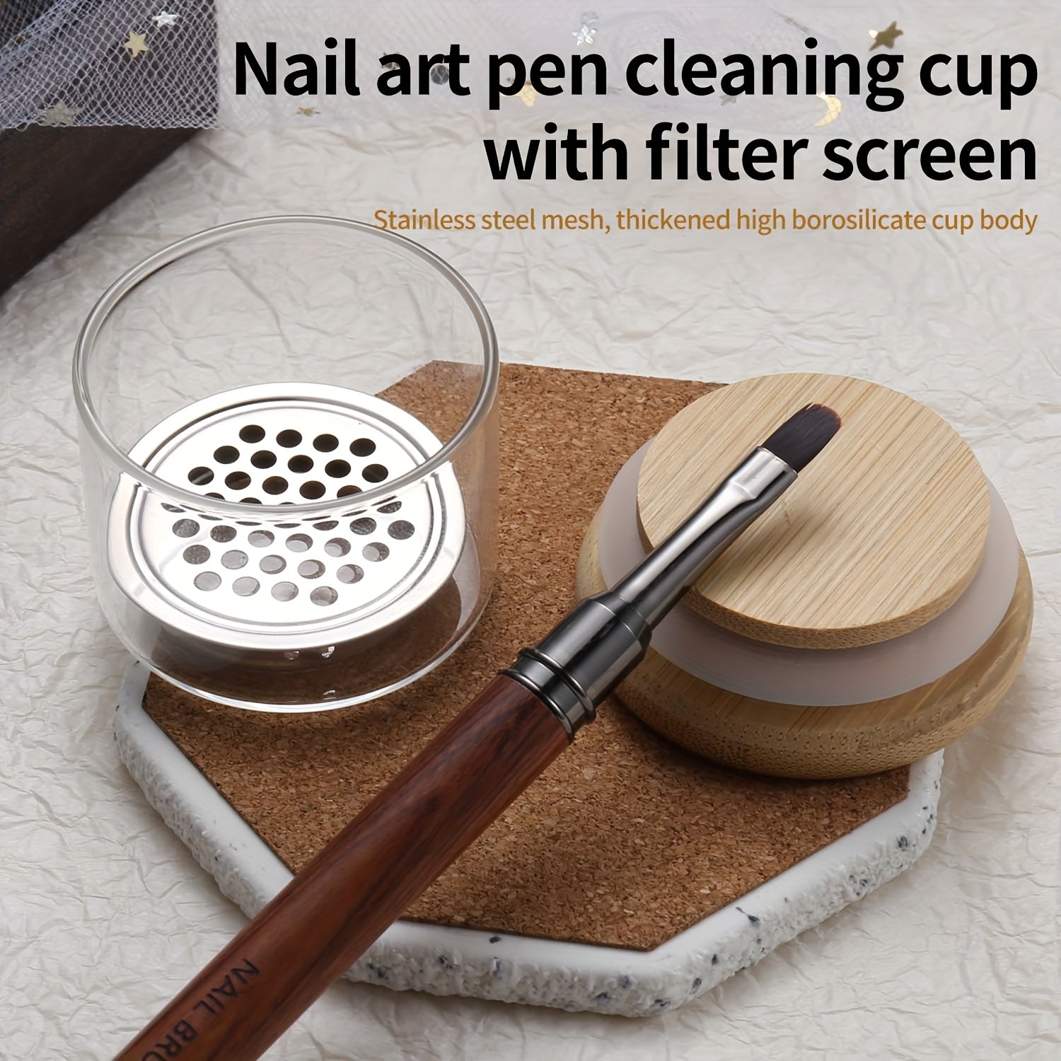 Vaso Limpiador de Pinceles para Uñas con Malla de Acero Inoxidable - Diseño Resistente al Calor y Tapa de Madera, Operación Manual Sin Olores, Mantenimiento Eficiente de Gel y Acrílico, Portapinceles Elegante