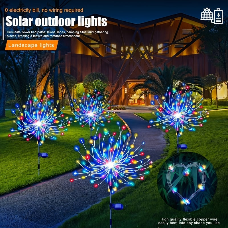 Luces inteligentes LED, luces de jardín inteligentes, luces solares para exteriores, 2 piezas de luces de fuegos artificiales para jardín 8 modos, luces decorativas con estacas que parpadean, adecuadas para la decoración de la pradera de senderos (color/
