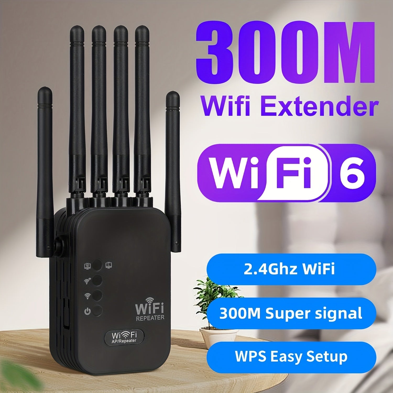 Momotor-WIFI Extensor - Amplificador de Señal WiFi 2.4GHz con 6 Antenas, Compatible con WIFI6-300Mbps y Puerto Ethernet - Adaptador sin varillas de Largo Alcance para Uso Doméstico