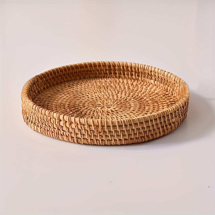 Cesta de frutas tejida a mano de rafia - Bandeja redonda de madera natural con patrón de cuadros, segura para alimentos, decoración de cocina y comedor para Halloween, Navidad, Pascua, Acción de Gracias, Hanukkah, idea de regalo de Acción de Gracias, dec