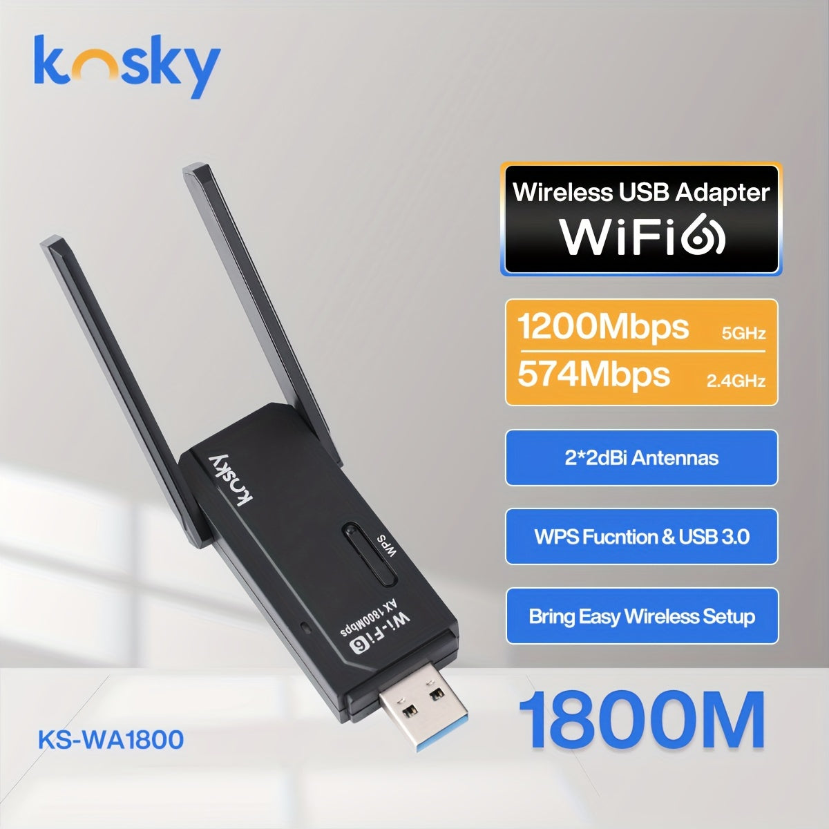 KS-WA1800 Adaptador inalámbrico USB con 1200Mbps 5GHz y 574Mbps 2.4GHz Dual-Band, 2x2dBi Antenas, WPS y USB 3.0, Plug & Play para PC/Laptop/Tablet - Batería, Diseño compacto, Adaptador inalámbrico para portátiles, Acceso a la red de tabletas, Acabado met