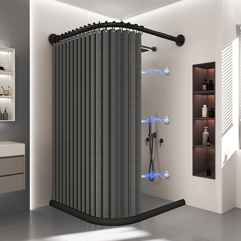Cortina de baño plegable para esquinas curvas, separación de zona seca y húmeda, con ganchos enrollables negros, doble imán para fijación y material de lino imitación en los bordes. Ideal para baños en casa o vestidores. Cortinas para baños