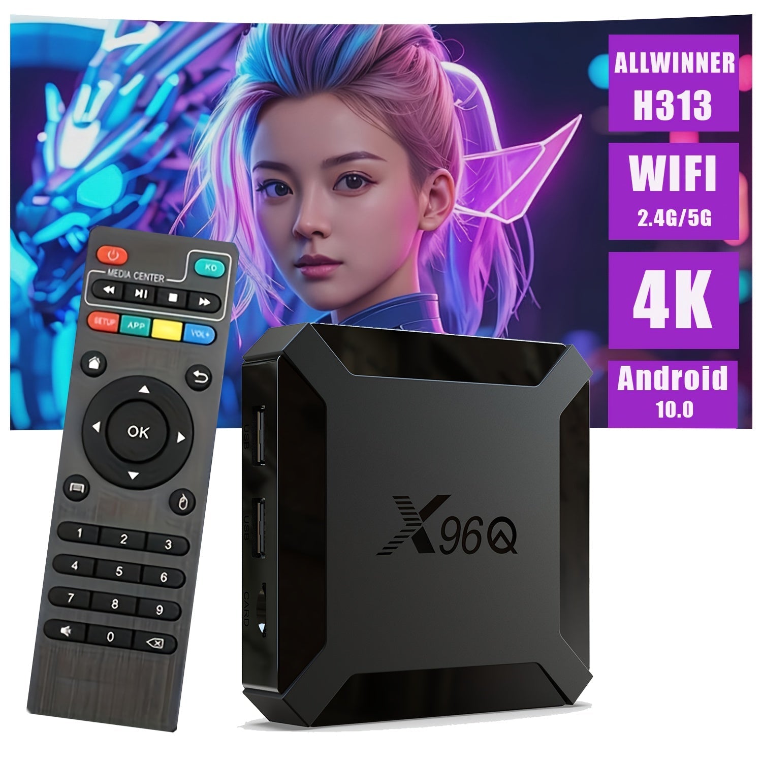 LOONGYU X96Q Smart TV Box con Allwinner H313 Quad Core A53, 4K 3D HDR, USB 2.0 dual, Type-C, inalámbrico, Miracast, control remoto, diseño compacto, enchufe de EE. UU. para transmisión y medios, Android 10.0, dispositivo de transmisión, accesorio moderno