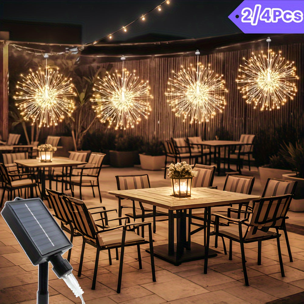 Conjunto de Luces Solares Colgantes para Jardín Exterior de 2 piezas/4 piezas, Luces Inteligentes Esféricas con Estallido de Estrellas y 240/480 LEDs, Impermeables IP65 en 8 Modos, Cuerda de Hadas de Alambre de Cobre para Decoración de Año Nuevo y Navida