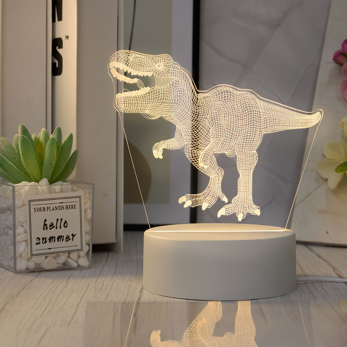 Luz Nocturna de Dinosaurio en 3D con Alimentación por USB - Lámpara Creativa de T-Rex con Efecto Luminoso, Decoración Moderna para Dormitorio y Mesa, Regalo Perfecto para Jóvenes y Adultos, Base Blanca, Material Plástico, Iluminación Ambiental con Alimen
