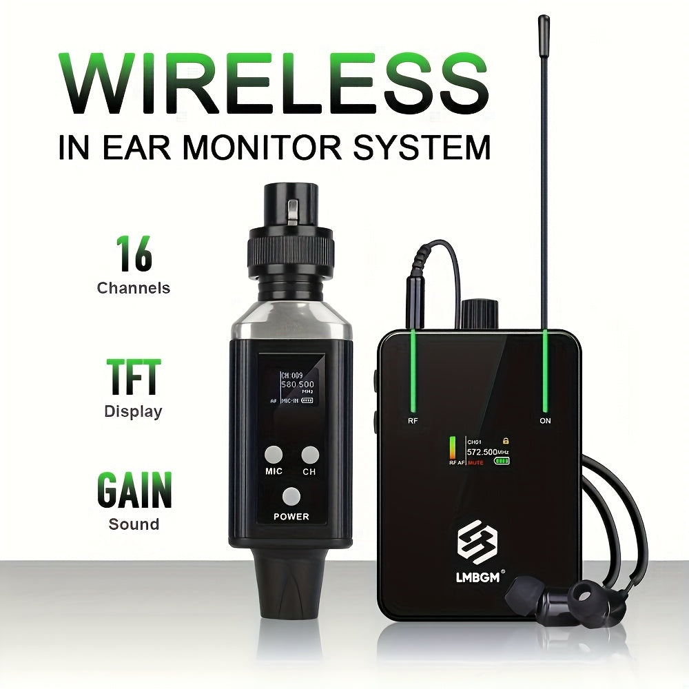 Monitores inalámbricos intraurales profesionales UHF LMBGM con carga USB, pantalla a color TFT, 16 frecuencias seleccionables, función de ganancia de audio, carga USB-C y conector XLTR para conciertos, estudios de grabación, presentaciones en vivo, activ