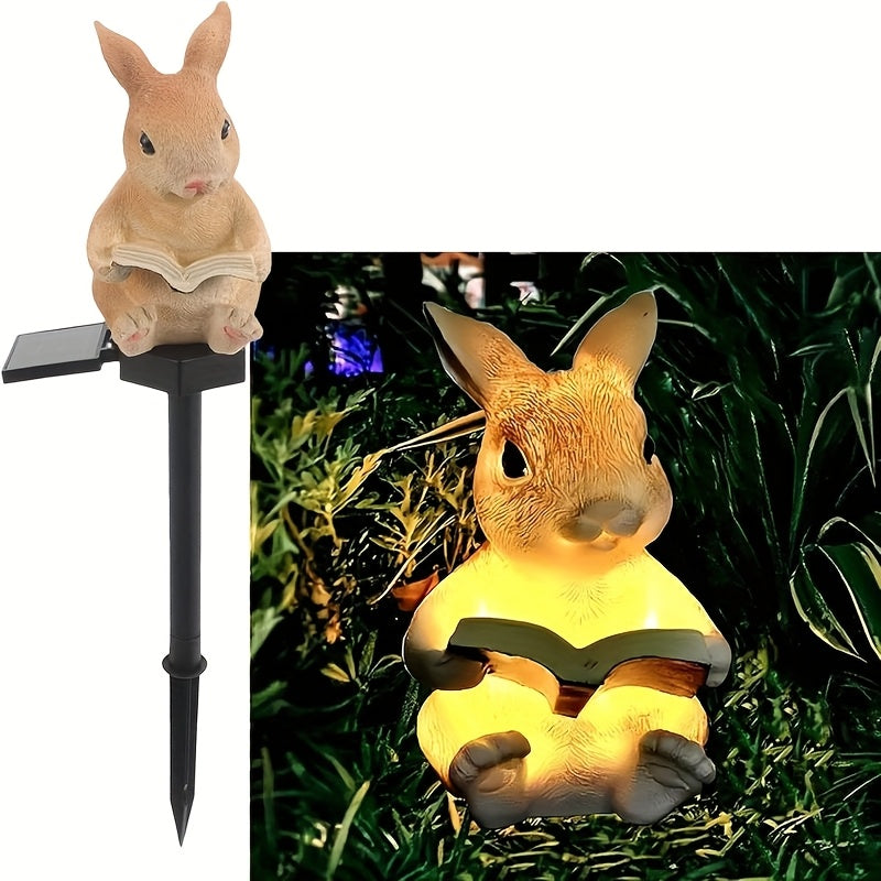 Lámparas solares para jardín con diseño de conejo lector LED, decoración exterior de resina para caminos, césped y adornos festivos, regalo perfecto para mujeres, montaje semiempotrado, control con interruptor, sin control remoto, batería de níquel, acce