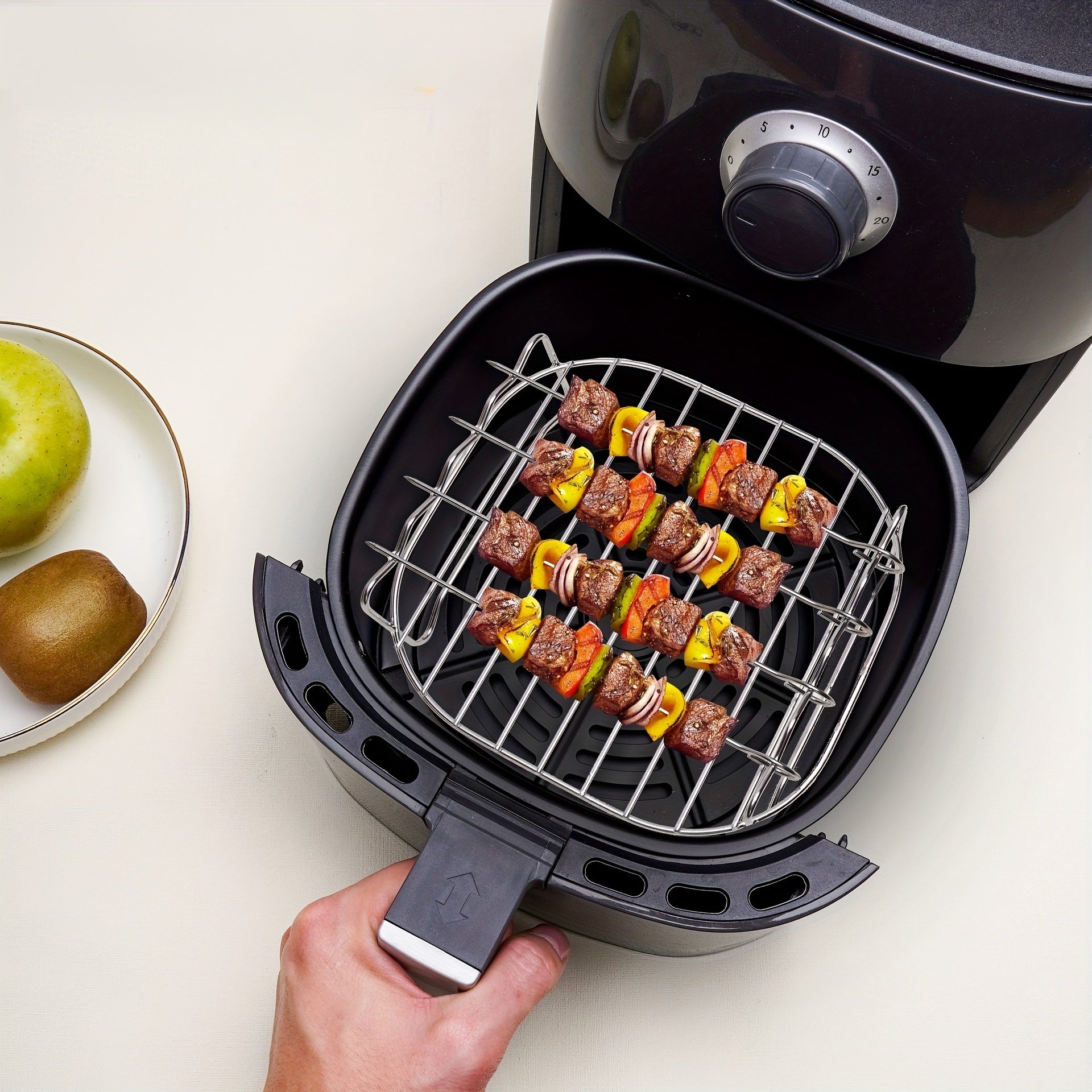 Set de accesorios para freidora de aire de acero inoxidable con rejilla de doble capa, soporte para brochetas y soporte para vaporera, incluye 4 brochetas, kit de freidora de aire duradero y multifuncional