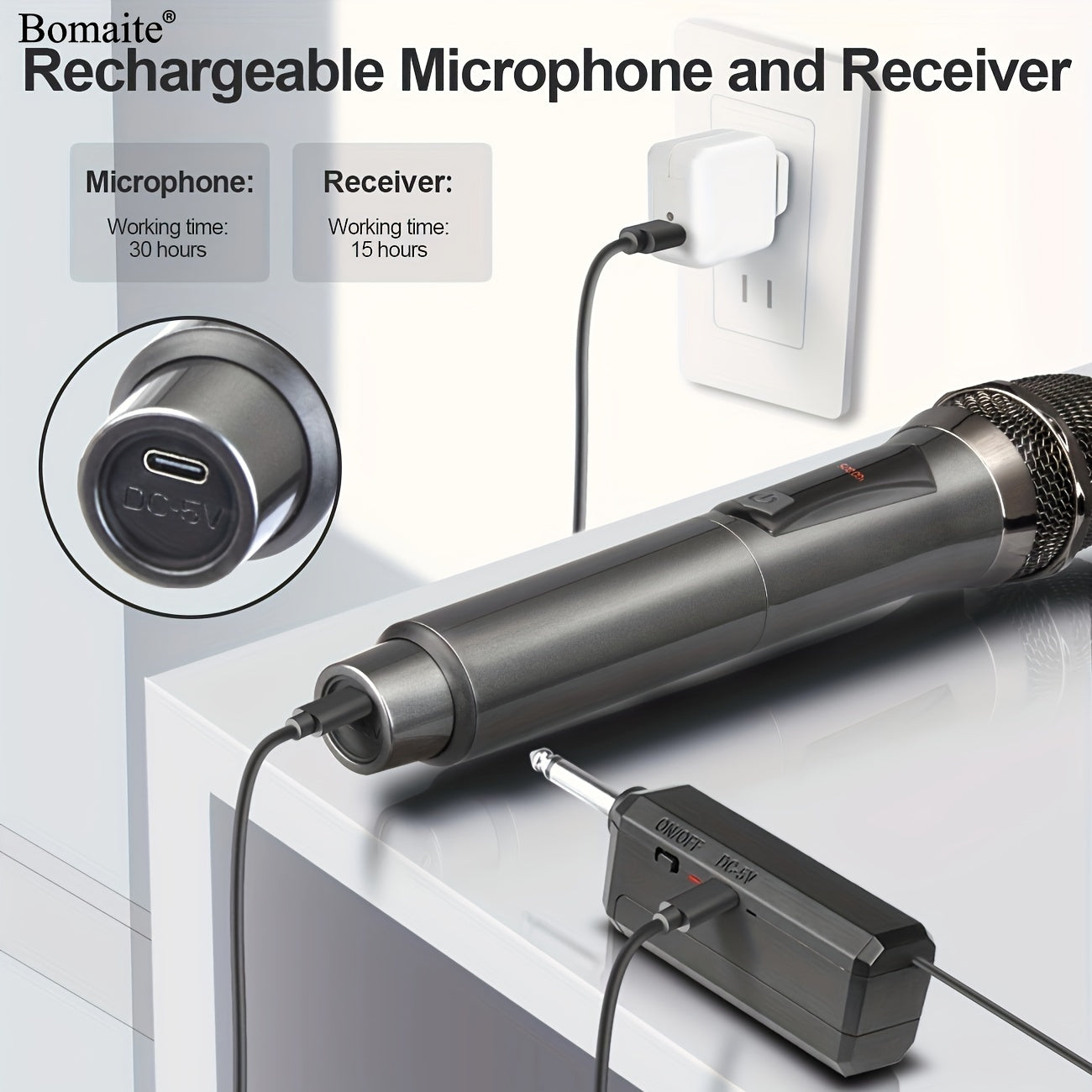 Microfono sin varillas Bomaite, Micrófono de Karaoke Portátil con Receptor Recargable para Fiestas, Iglesias y Bodas