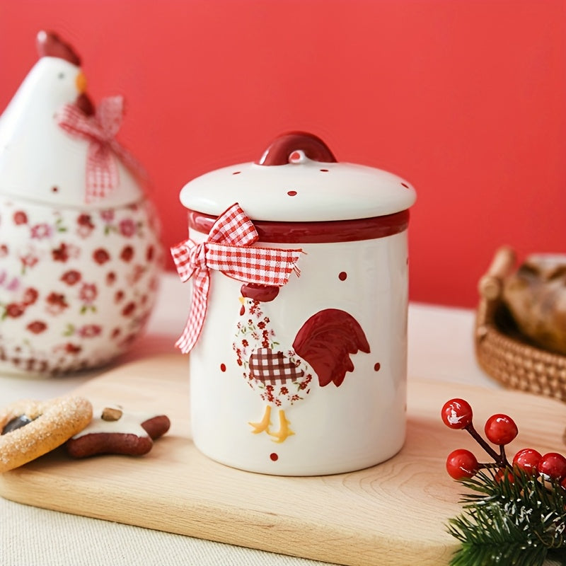 Tarro de Cerámica con Diseño de Pollo Floral Rojo Encantador - Apto para Microondas, Contenedor Sellado con Tapa Abatible para Organización y Decoración de Cocina