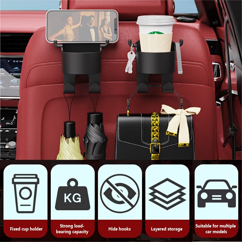 Portavasos para coche con diseño de gancho oculto, almacenamiento multicapa resistente, ahorro de espacio, carga estable sin vibraciones, estética discreta, seguridad al conducir y adaptabilidad a diferentes grosores del asiento