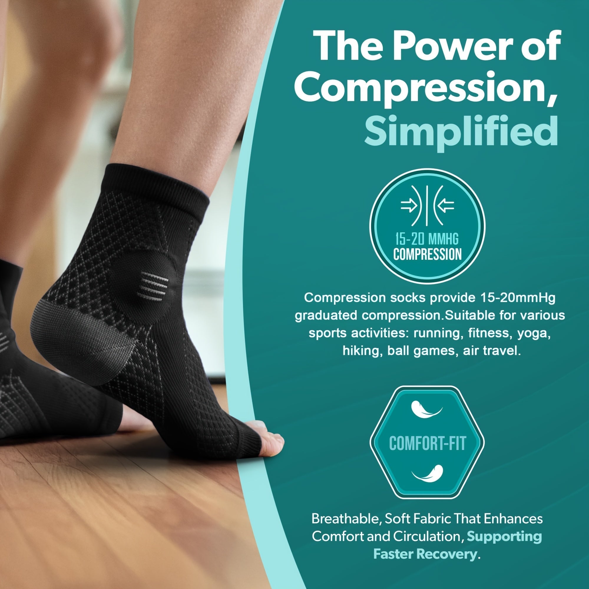 Calcetines de compresión premium para tobillo, mangas de pie de compresión con soporte de arco y tobillo, diseño abierto para neuropatía, soporte elástico para pie para uso diario y actividades al aire libre.