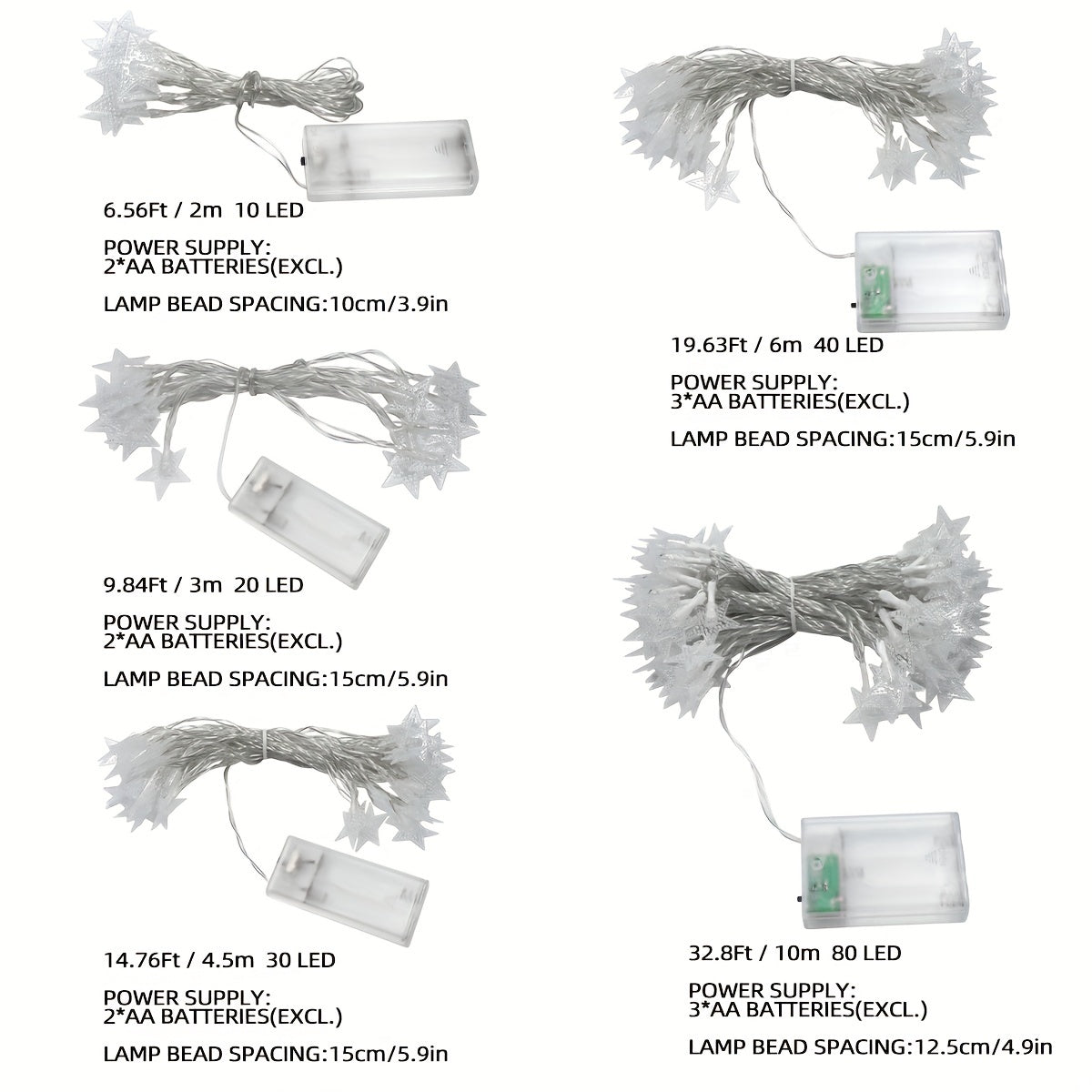 1pz Luces de Cadena 10, 20, 30, 40, 80, Estrellas LED con Caja de Batería, Luces de Hadas para Bodas y Año Nuevo, Blanco Cálido