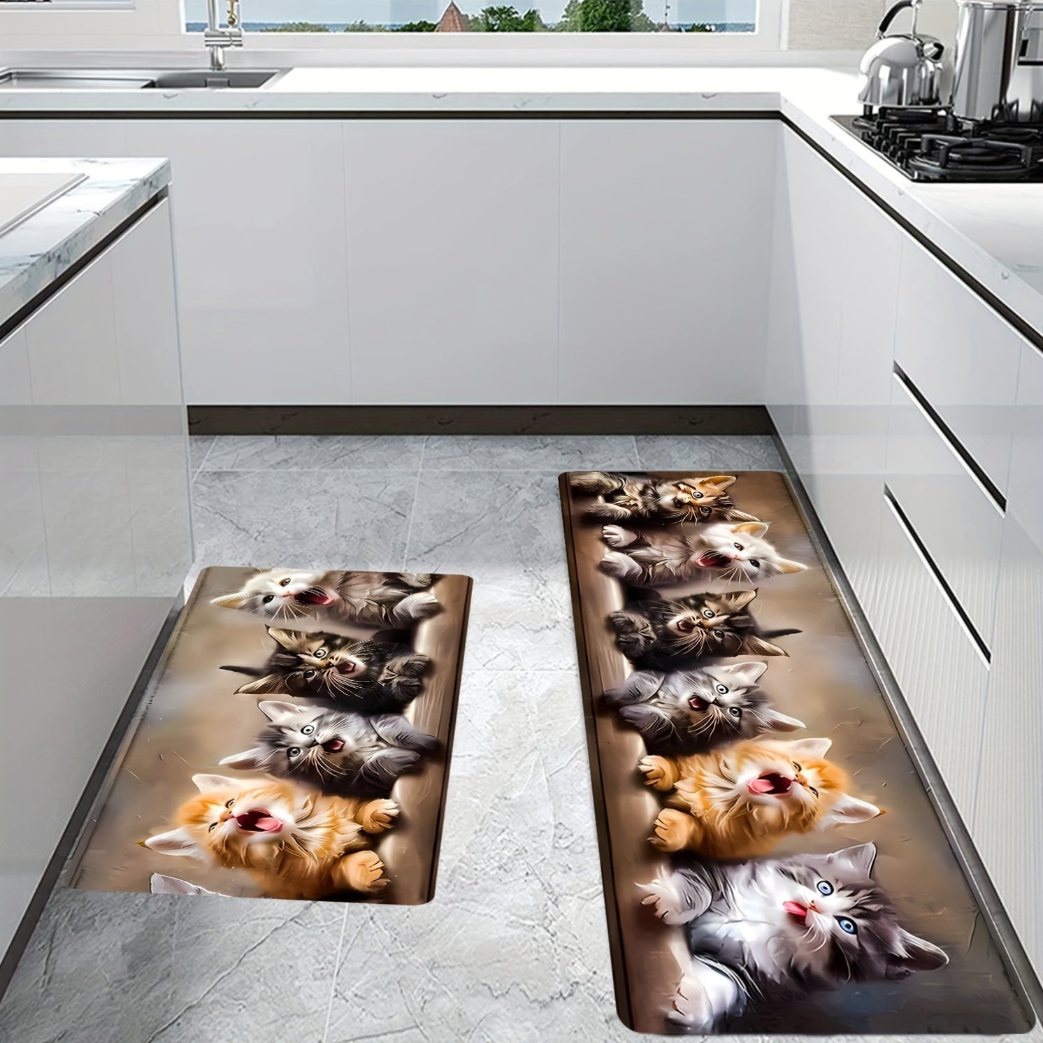 1PC Alfombra de corredor rectangular de punto de poliéster con respaldo antideslizante, lavable a máquina, pelo bajo, patrón de gato suave para cocina, sala de estar, dormitorio, baño, oficina - Alfombra de suelo cómoda y de aspecto fresco