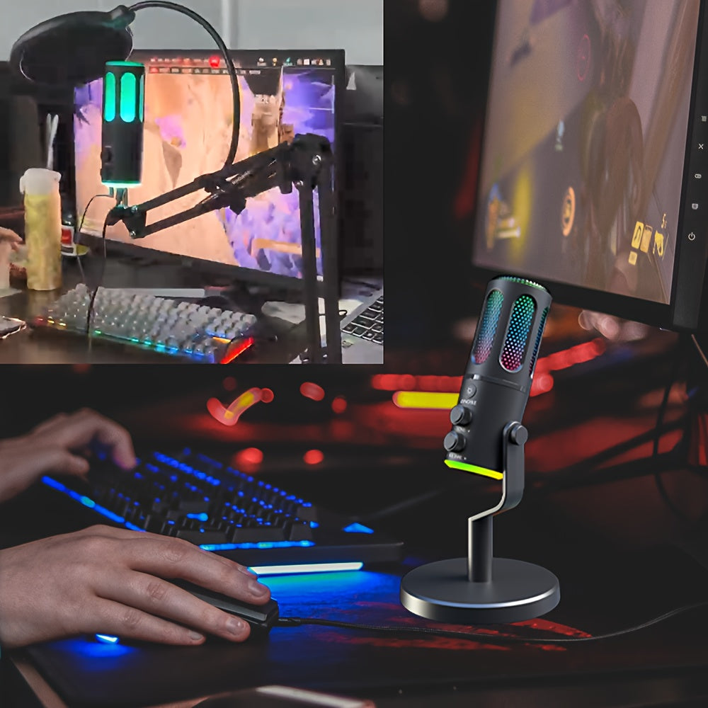 Micrófono Lewinner USB con Iluminación RGB, Cancelación de Ruido, Botón de Silencio - Ideal para Juegos, Podcasts, Twitch, PC y Smartphone - Micrófono Condensador Negro con Soporte Ajustable, LEWINNER