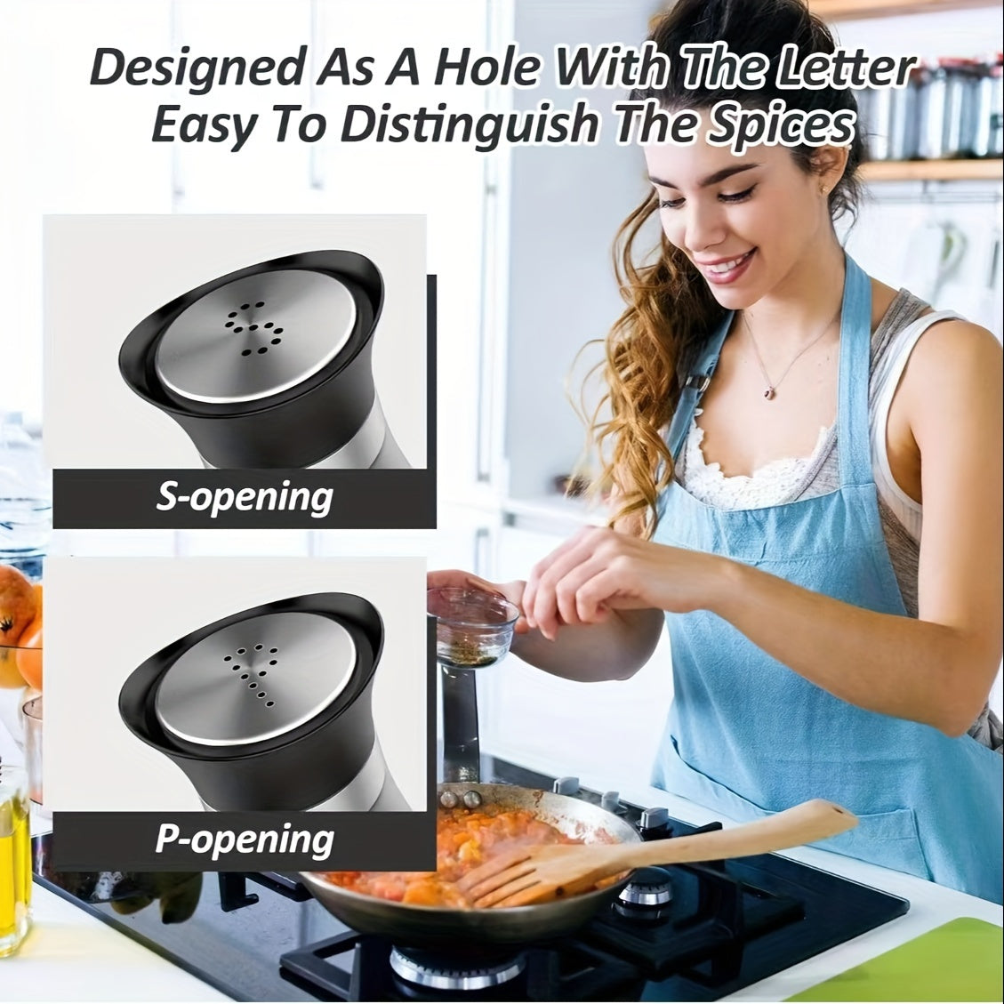 2 piezas por conjunto, un conjunto de sal y pimienta con tapas de acero inoxidable, adecuado para mesas de cocina, RV, camping, barbacoas, botellas de especias rellenables, suministros de cocina y decoración de cocina.