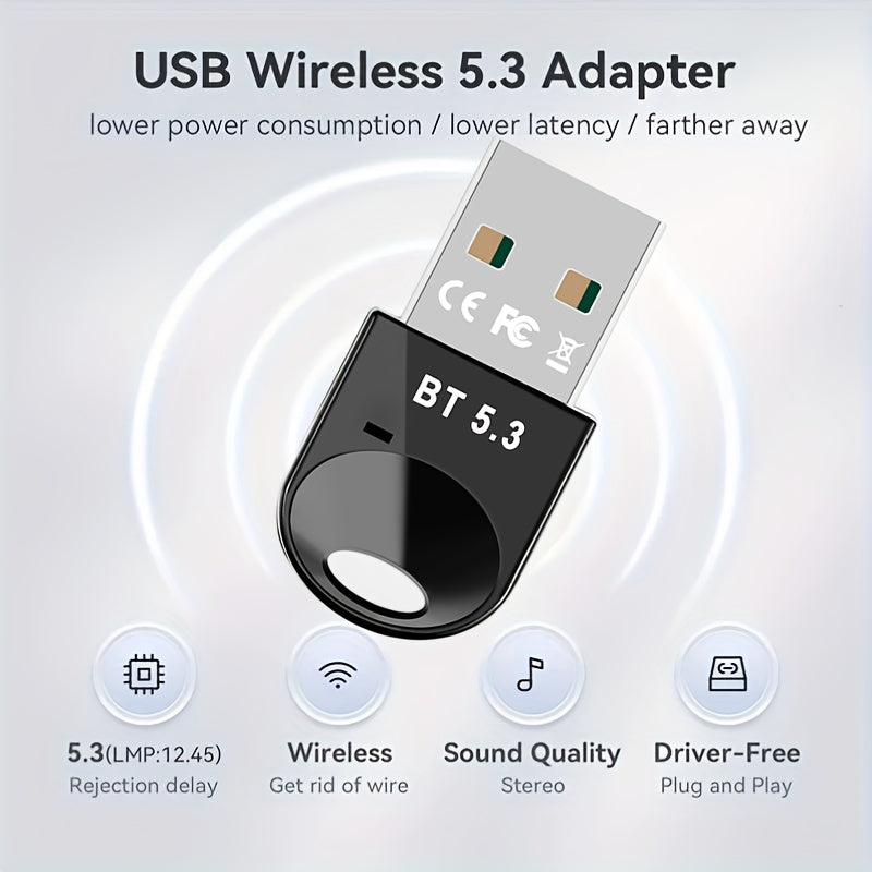 Adaptador de Red sin varillas USB 5.3 - Plug & Play para Windows 11/10/8.1, Compatible con 5.2/5.1/5.0/4.2/4.1/4.0, Controlado por Aplicación para PC, Auriculares, Teclado y Ratón Inalámbricos, Configuración para Oficina en Casa, Estilo Minimalista, Cons