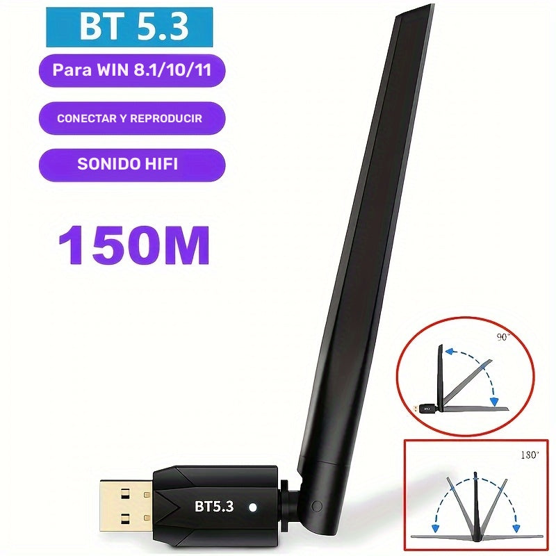 Adaptador inalámbrico USB BT 5.3 de alcance ultra largo, distancia máxima de conexión de alcance abierto de hasta 150 m/49.21 pies, receptor de dongle inalámbrico USB para PC de escritorio y portátiles, compatible solo con Windows 8.1/Windows 10/Windows