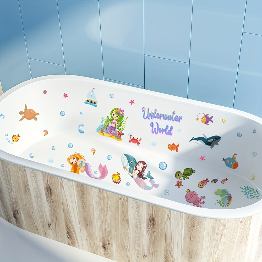 6pcs Pegatinas Antideslizantes de Sirena y Mundo Marino para Bañera - Impermeables, Calcomanías Esmeriladas para un Baño Seguro y Divertido