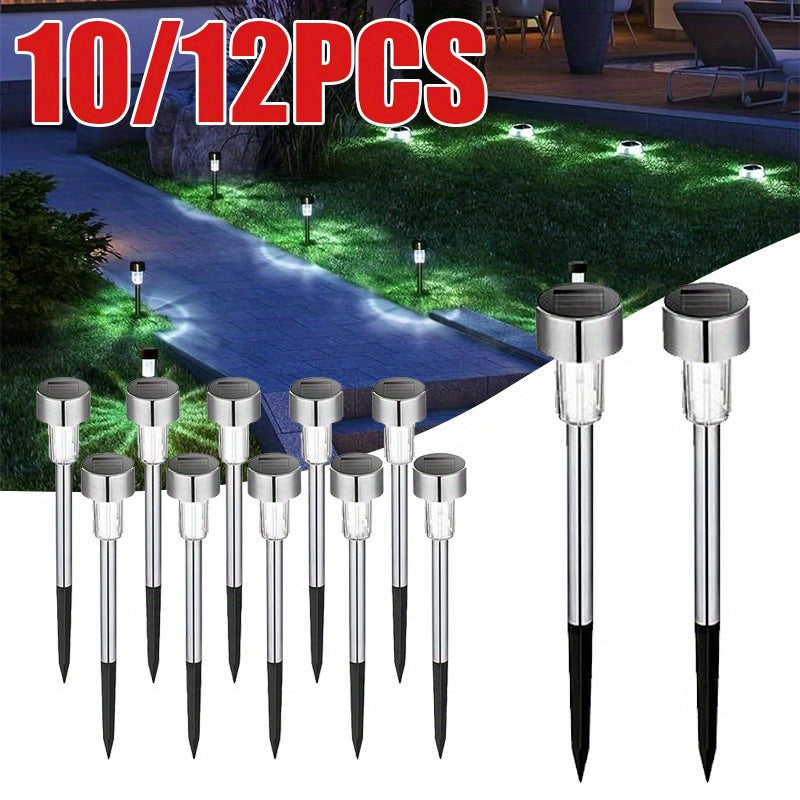 10/12 piezas de luces solares para exteriores, luces decorativas para exteriores de acero inoxidable, adecuadas para iluminación de paisajes exteriores de patios, césped, caminos, terrazas, garajes, jardines y otras ocasiones, decoración de senderos para