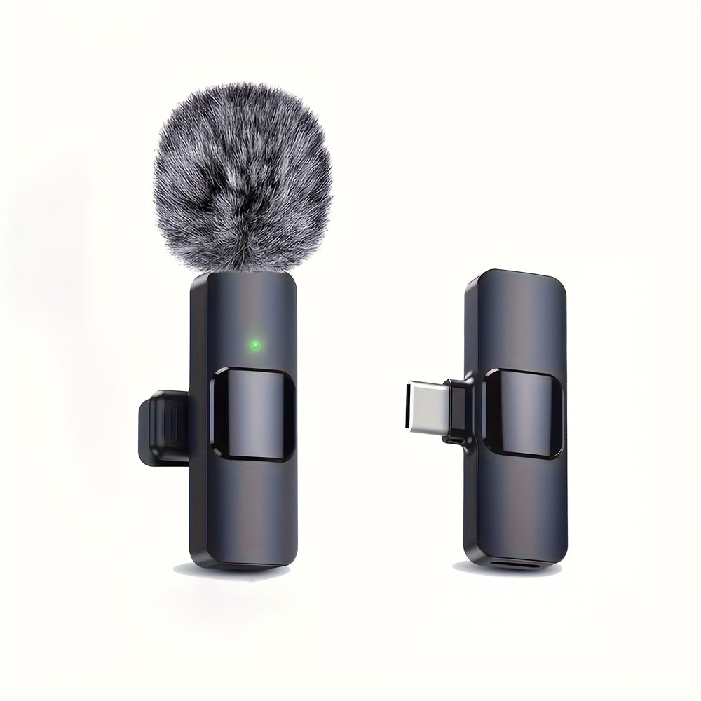 Micrófono inalámbrico Lavaliere, adecuado para transmisiones en vivo y videoblog, conectividad USB-C, batería recargable, diseño compacto con cubierta de espuma negra, fácil de usar plug-and-play, micrófono inalámbrico recargable.