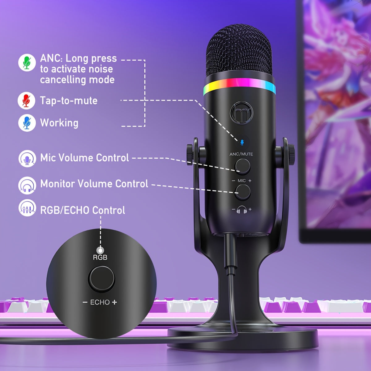 Micrófono USB ZealSound para PC/Mac/Windows/telefonos Type-C, micrófono de condensador con cancelación de ruido, silencio táctil, ganancia, eco, monitoreo, luz RGB para transmisión, podcast, Twitch, Discord, computadora, PS4, PS5, Mac, Gamer Wave