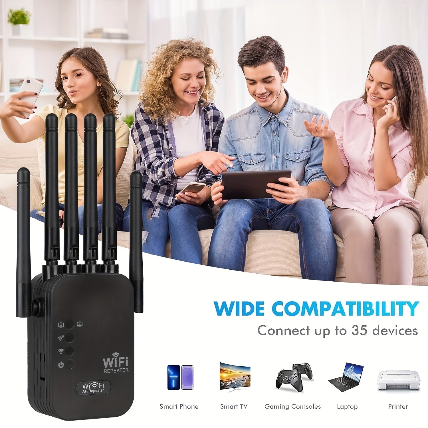 Ourlife-WIFI Extensor - Amplificador de Señal WIFI con 6 Antenas, Compatible con WIFI6, Red Inalámbrica de Largo Alcance para Hogar y Oficina con Puerto Ethernet