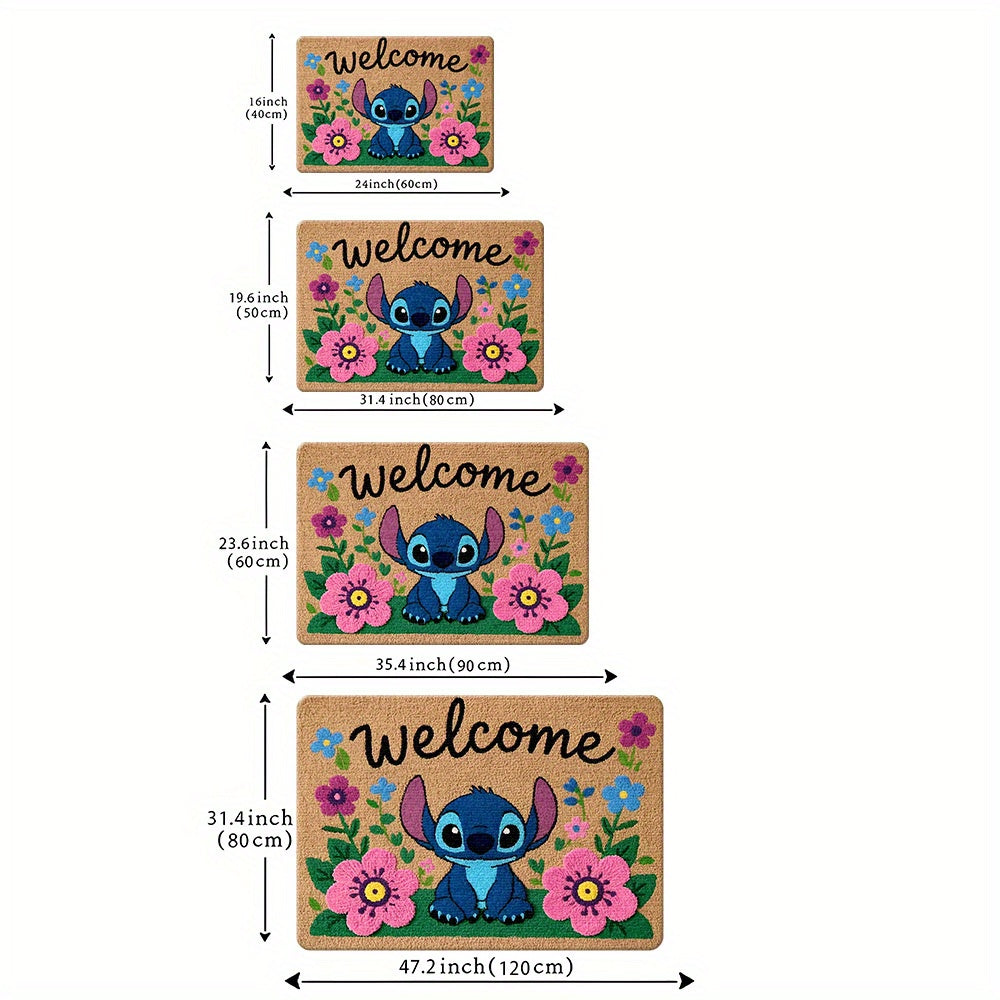Alfombra de bienvenida con diseño de Stitch, 1 unidad - Antideslizante de poliéster con vibrante diseño floral, ideal para entrada, dormitorio y baño, fácil de limpiar, solo lavado a mano, tapete para baño