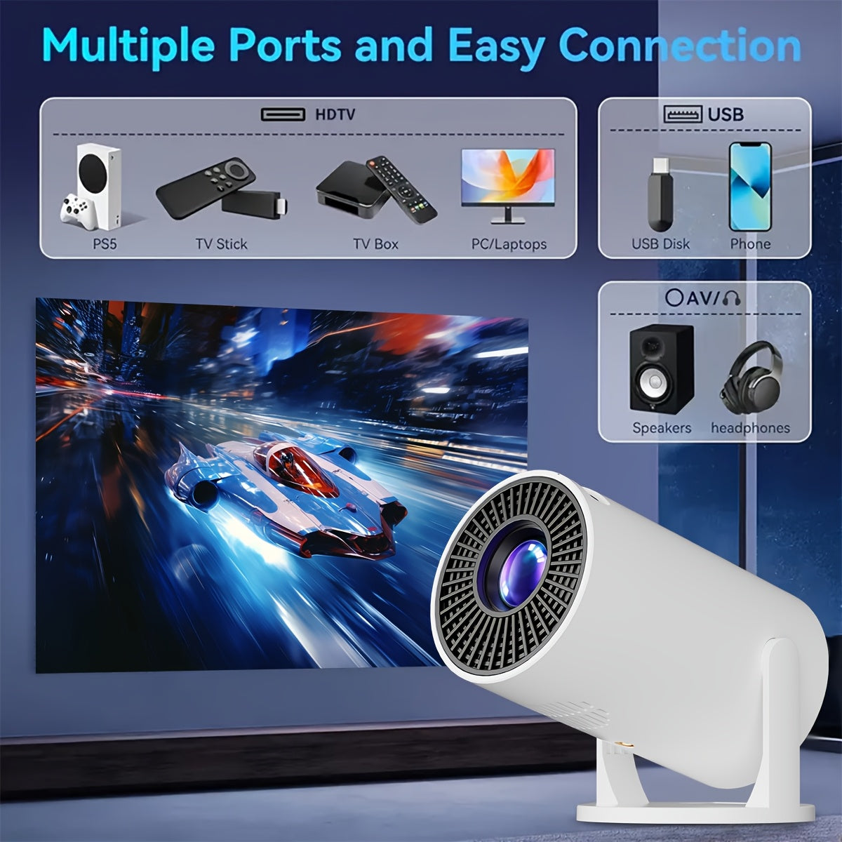Proyector portátil mini - Enchufe de EE. UU., Proyector de cine en casa LED, Soporta 1080P, Compatible con teléfonos inteligentes/tabletas/ordenadores portátiles/pinzas de TV/discos USB, Ángulo de proyección ajustable de 180°