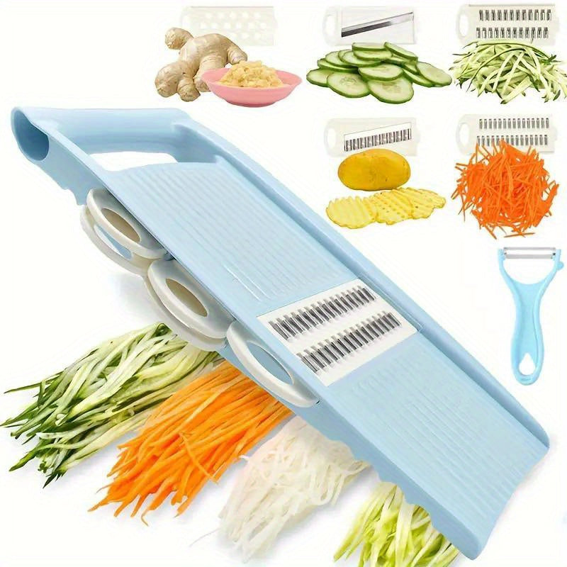 Set de cortador y rallador de verduras multifuncional con cuchillas intercambiables, herramienta de cocina mandolina de mano para cortar en juliana y en gofre papas, zanahorias, pepinos, incluye pelador - Gadgets manuales para preparación de alimentos