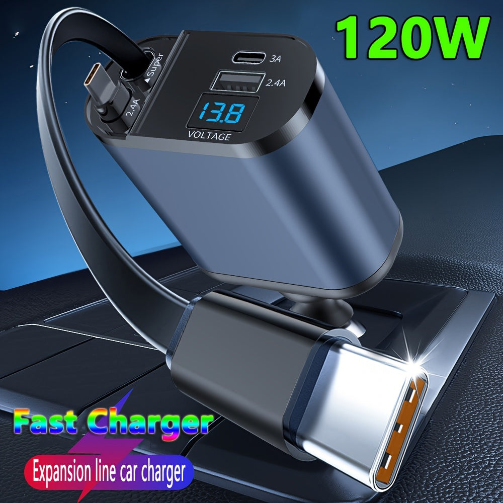 Cargador de coche retráctil rápido de 120 W con 2 cables USB tipo C - Enchufe universal, no necesita batería, salida de 13,8 V, solución de carga para coche | Cargador compacto | Cable retráctil, adaptador de cargador de coche