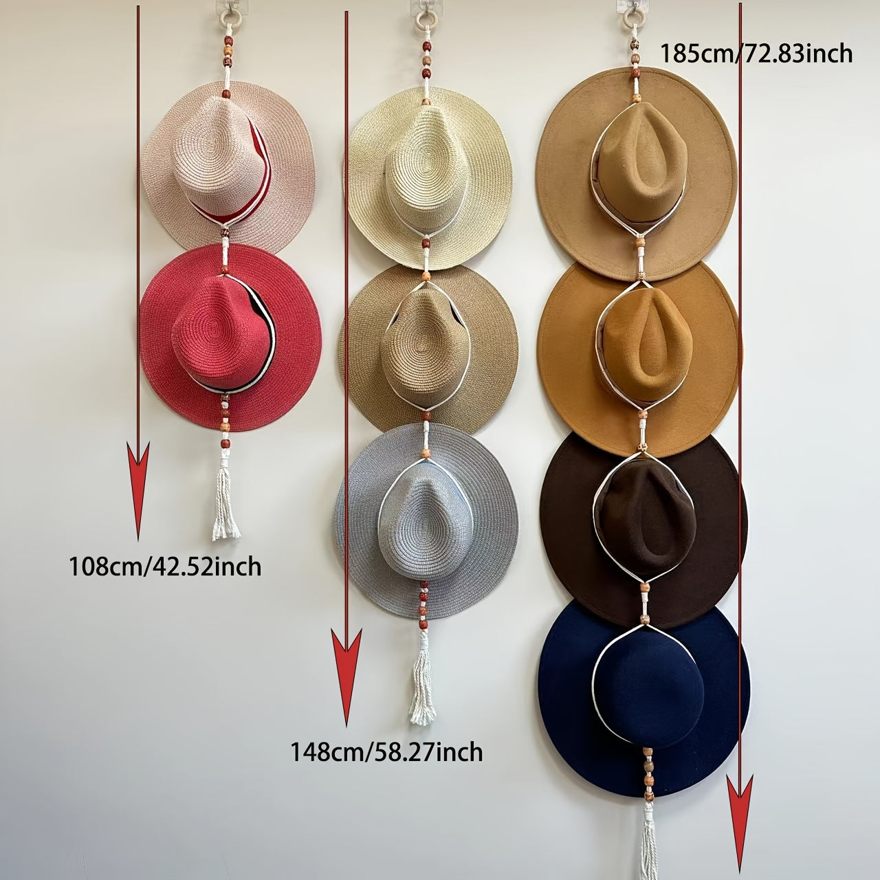 Colgador de sombreros de macramé ajustable estilo boho chic - Tejido a mano y madera de pino, perchero de pared para sombreros de ala ancha, vaqueros y fedoras - Organizador ahorrador de espacio con detalles de borlas, fácil instalación sin herramientas