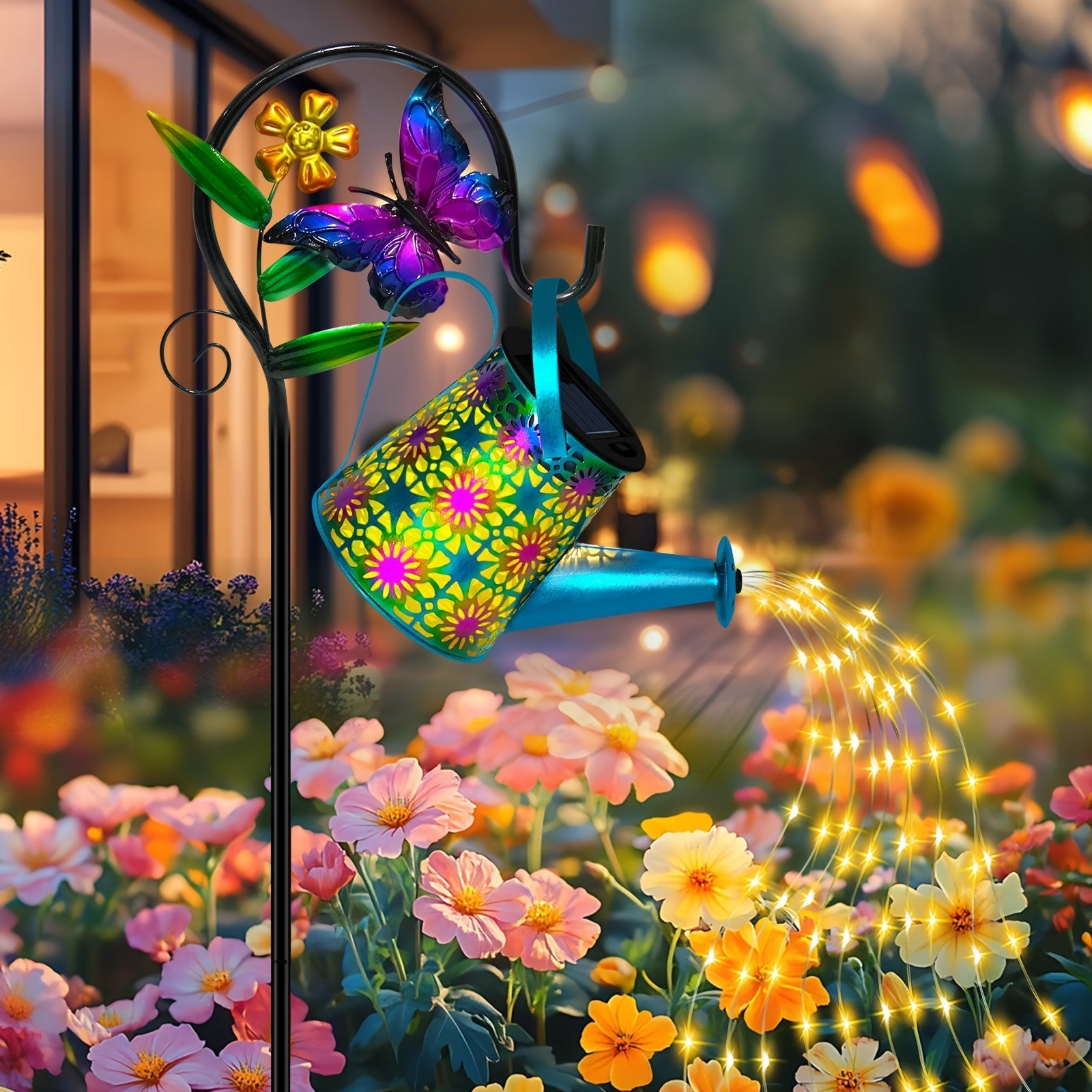 Gran regadera de mariposas y farol solar con decoración de jardín - Colgante de metal vibrante con gancho de mariposa, luces LED, ideal para caminos exteriores, patios y decoración de césped, decoración de caminos de jardín | Decoración de jardín vibrant