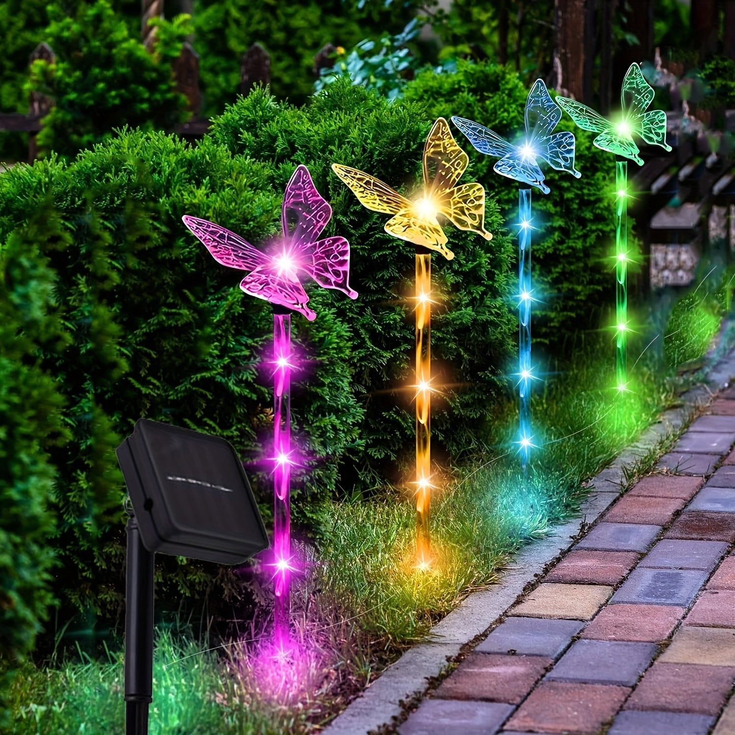 Juego de 4 luces solares en forma de mariposa, luces de jardín de plástico con montaje semi empotrado y 8 modos, iluminación decorativa exterior alimentada por energía solar para el jardín, patio, parterres y decoración del hogar.
