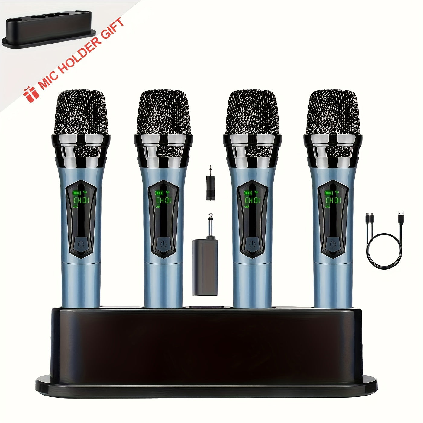 4 Piezas Sistema de Micrófono Dinámico sin varillas con Batería Recargable y Soporte de Escritorio, Adaptador 3.5mm para Canto, Bodas, Fiestas y Enseñanza