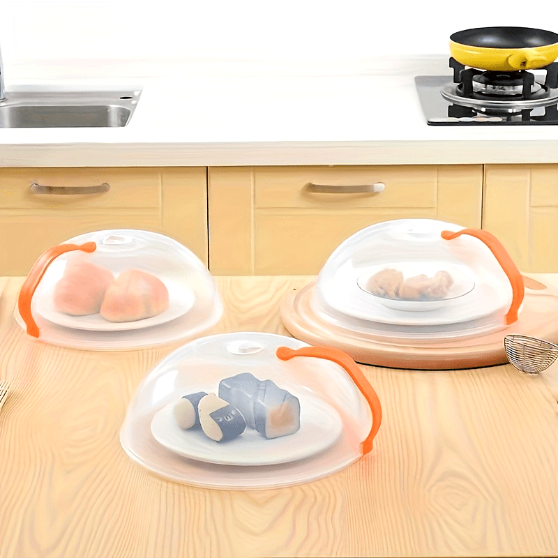 1pc Cubierta Transparente para Alimentos de Microondas con Mango Naranja de Fácil Agarre - A Prueba de Salpicaduras, Protector de Plato para Mantener la Frescura para el Hogar, Catering, Camping al Aire Libre, Uso en RV, Cubierta para Microondas