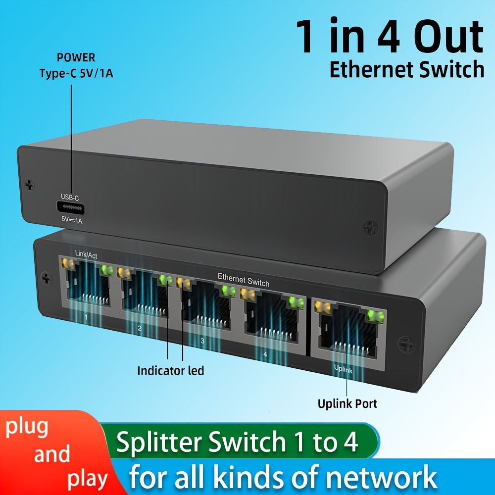 Conmutador Ethernet Gigabit de 5 Puertos con RJ45 - Conmutador Red Rápido, Plug and Play, Operación Silenciosa, Alimentado por USB (Tipo A), Diseño Compacto para Hogar/Oficina, Montaje en Escritorio o Pared - Ideal para Dispositivos Inteligentes y Comput