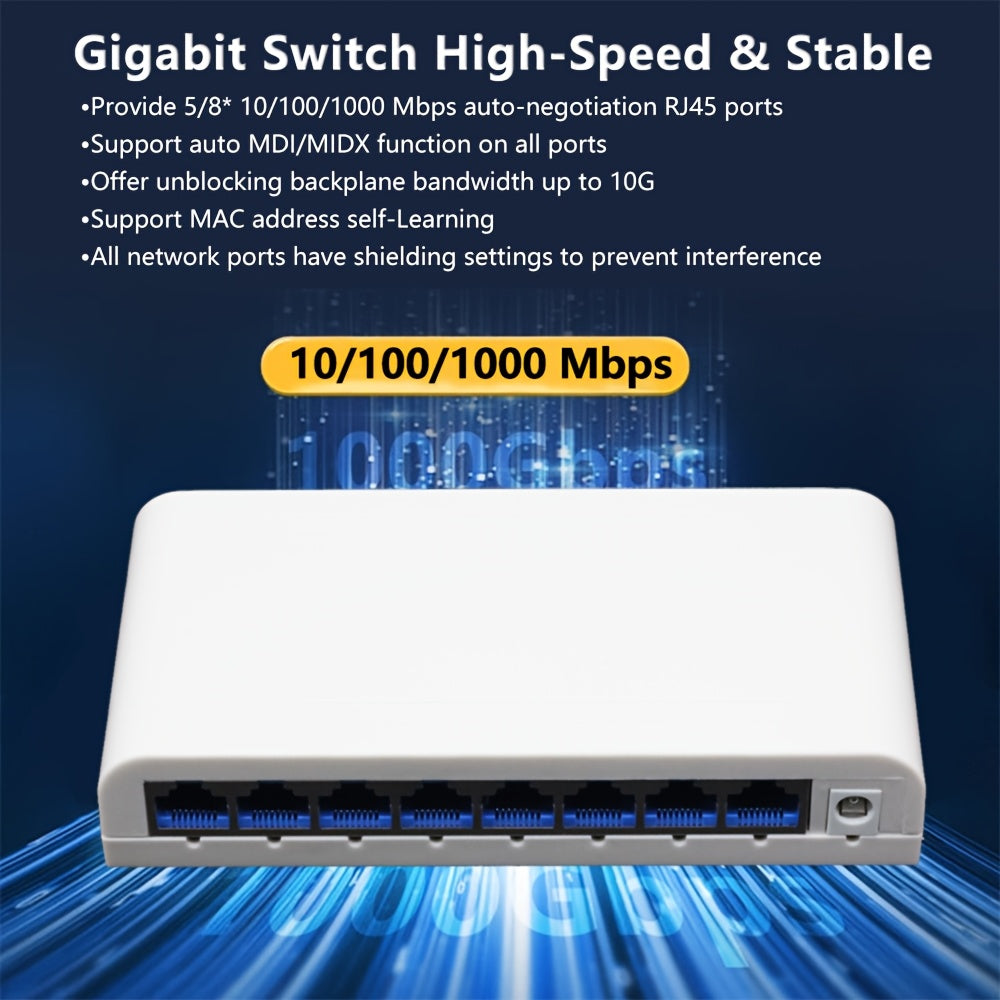 Conmutador de Red Gigabit de 5/8 Puertos 10/100/1000Mbps, Adaptador Ethernet RJ45 Alimentado por USB para Escritorio, Plug and Play con Cambio Automático MDI/MDIX Rápido, Adecuado para Expansión de Red en Hogar/Dormitorio y Oficina - Múltiples Modos de C