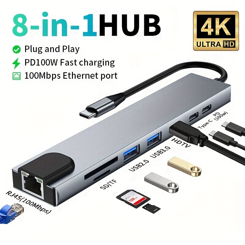 Conector USB C 8 en 1, adaptador de TV HD 4K 30Hz de tipo C con USB-C, carga PD100W, transferencia de datos RJ45, USB 3.0, lector de tarjetas SD/TF, 4K UHD, ratón, teclado, unidad USB, impresora, etc. - Compacto y portátil