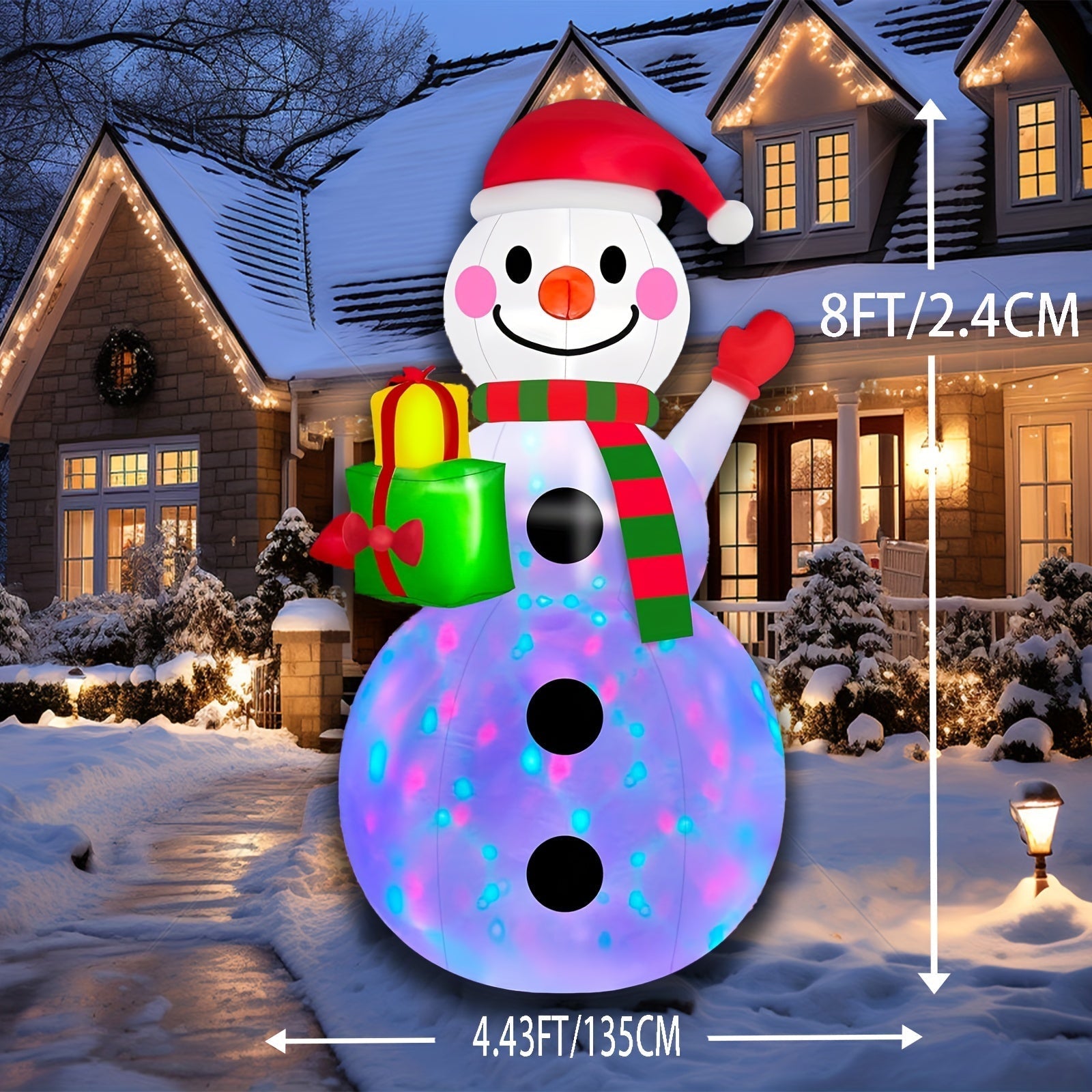 Decoración navideña de muñeco de nieve para exteriores, blanco en poliuretano con luces LED multicolor, diseño independiente, incluye gorro de Santa y bufanda, iluminación multicolor, ideal para jardín y patio, enchufe 110-240V, decoración festiva