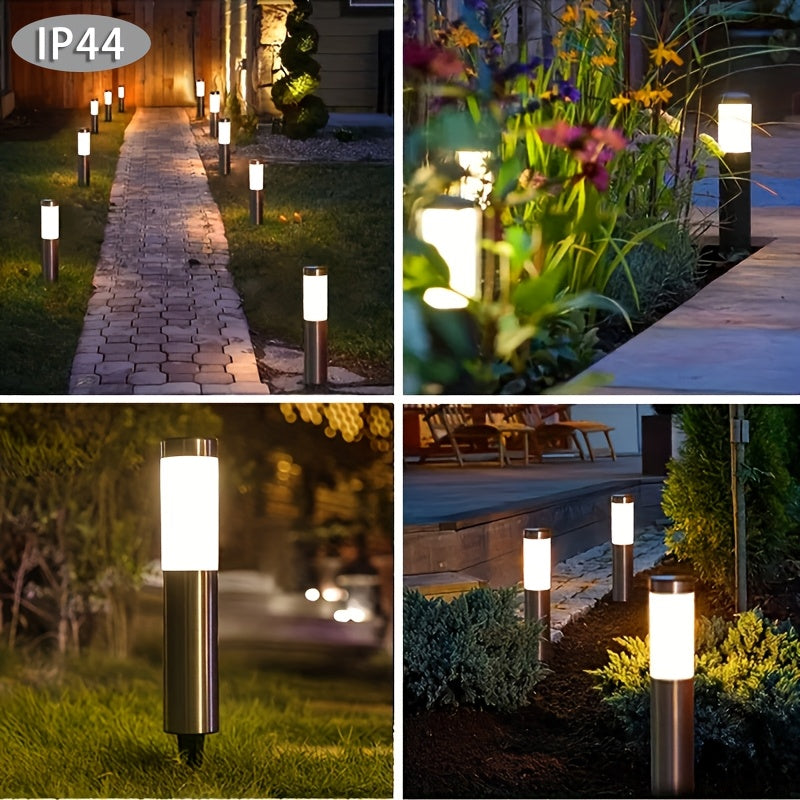 2 Luces Solares LED Modernas de Acero Inoxidable para Exteriores - Para Jardín, Camino, Césped, Patio, Iluminación de Bolardo