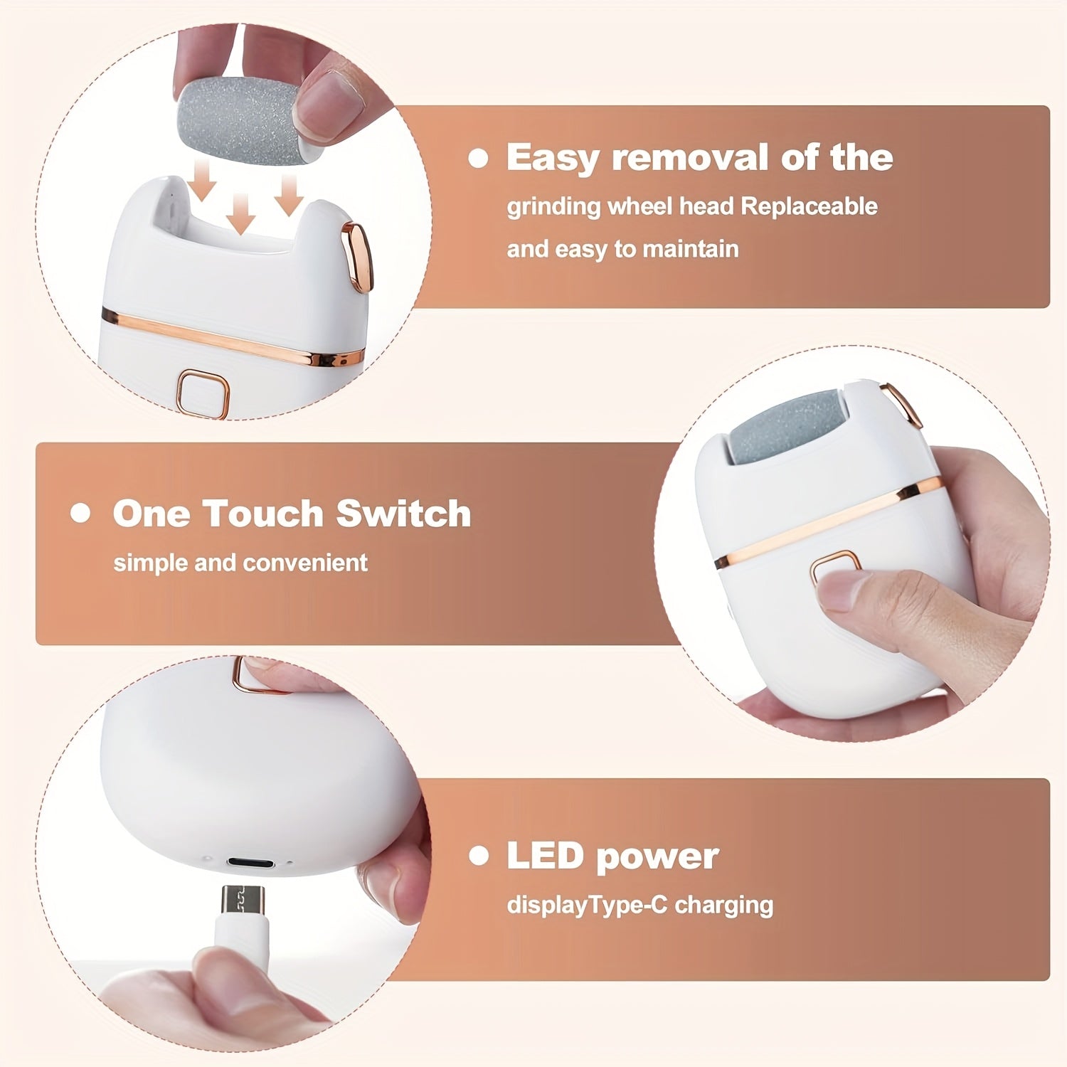 Fila de pies eléctrica, eliminador de pies eléctrico, herramienta de cuidado de pies recargable, 2 velocidades, kit de 3 cabezas de reemplazo, adecuado para pies secos, duraderos, quebrados, claros, beige.