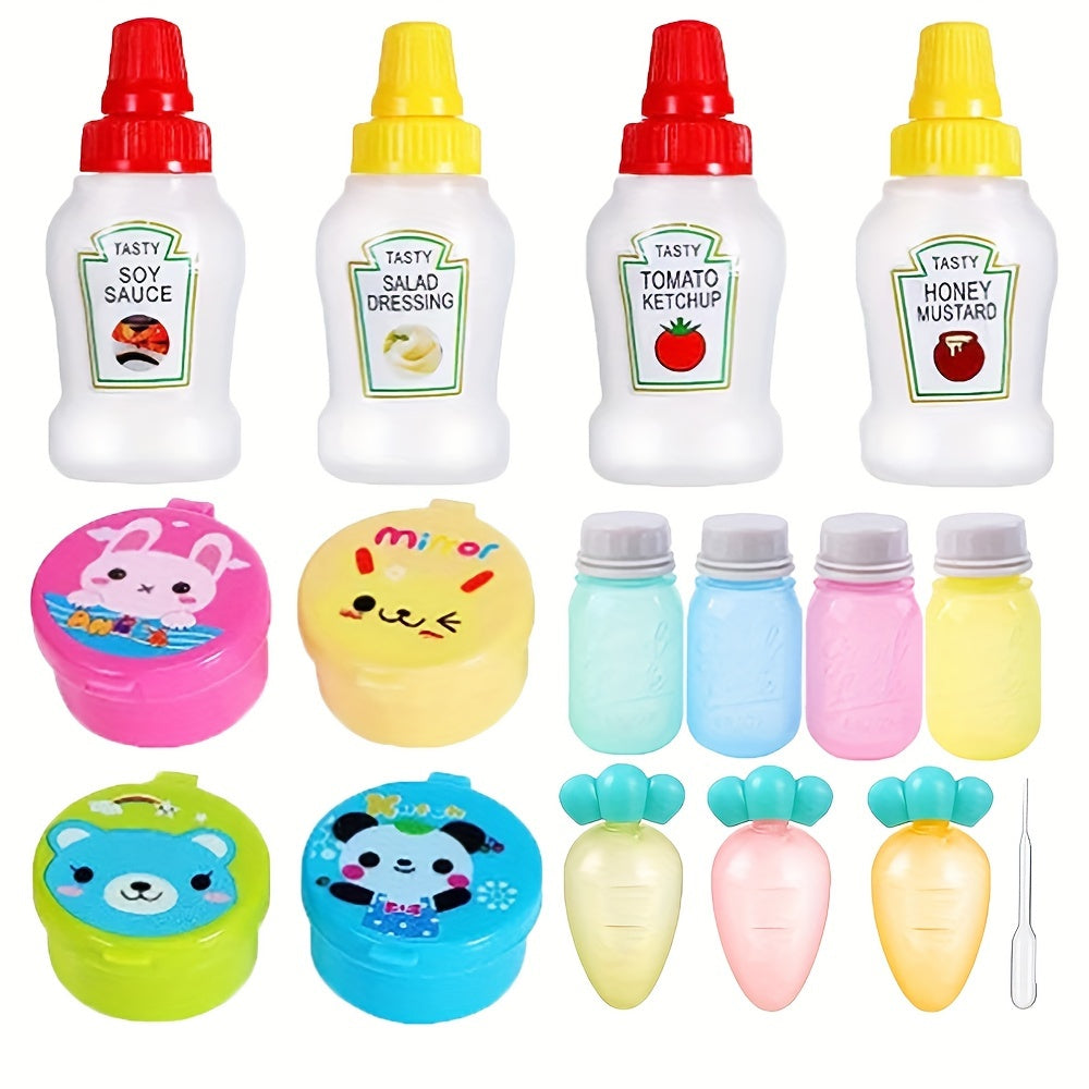 16 piezas de recipientes portátiles para salsas, estilo japonés, incluye botellas exprimibles para aderezo y dispensadores de kétchup, colores al azar