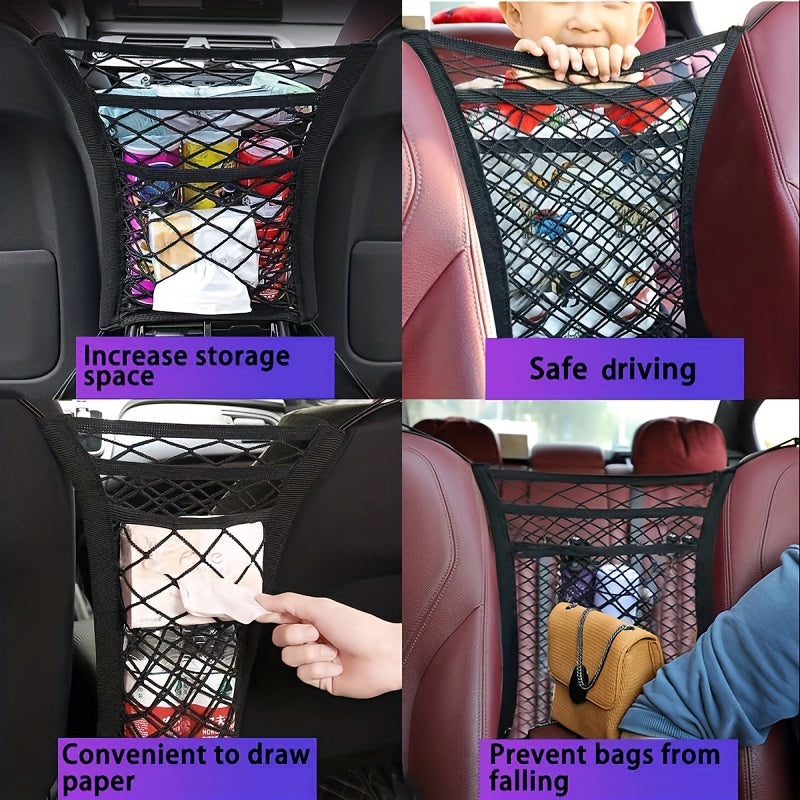 Bolsillo de red universal para automóvil entre asientos, organizador de malla para automóvil de 3 capas, bolsa de red de malla elástica para respaldo de asiento de automóvil para ordenar la barrera de red para perros en el asiento trasero