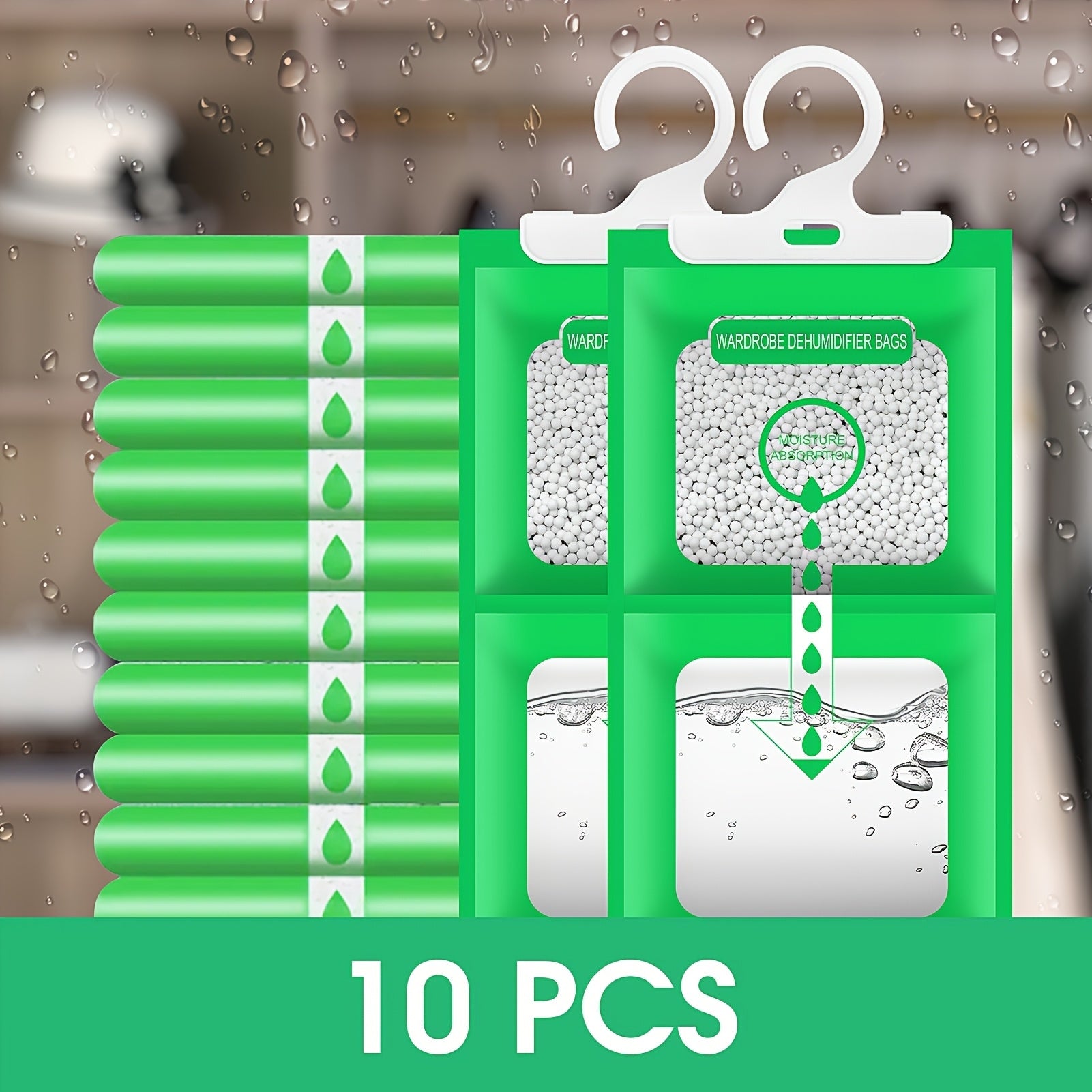 10 piezas de bolsas de desecante de gel de sílice verde - Absorbedor de humedad para armario interior de secado colgante, plástico, no necesita electricidad, operación estándar, ideal para almacenamiento y conservación, control de humedad | Almacenamient