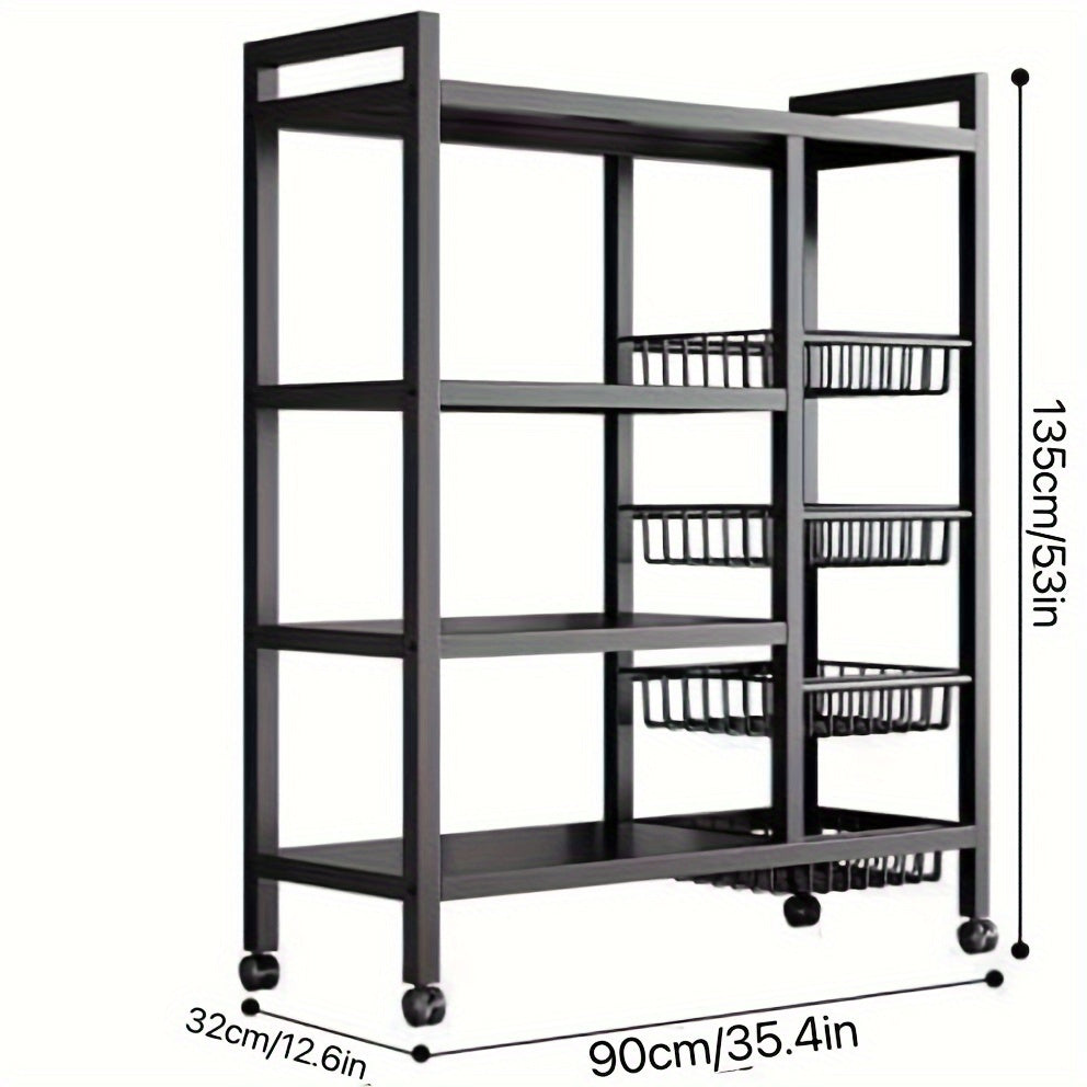 Carrito de almacenamiento industrial de metal con ruedas, organizador rodante de estantes abiertos de 4 niveles con cestas colgantes, unidad de estantería móvil multiusos para la organización de la cocina, la oficina y el hogar.